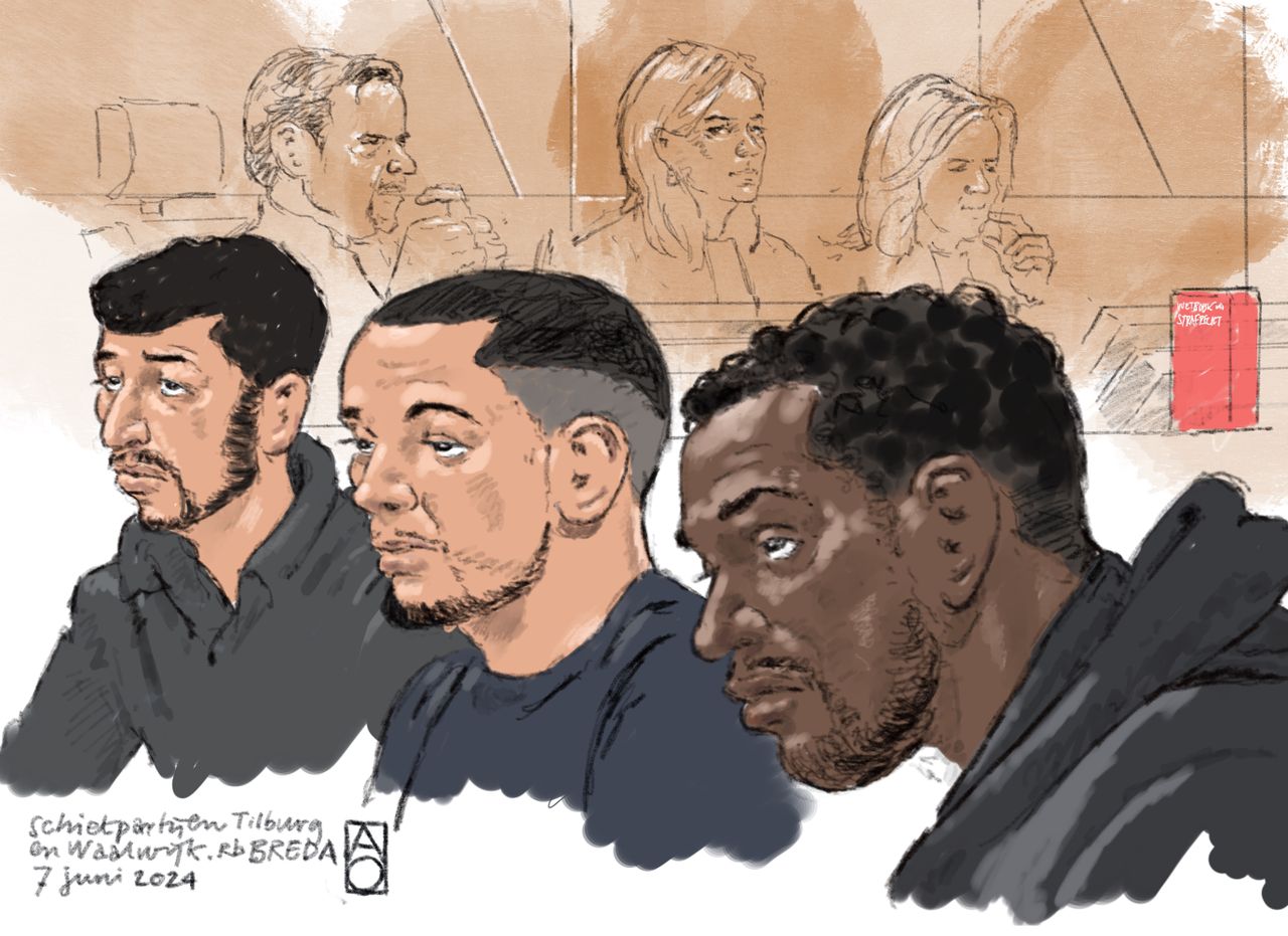 Drie verdachten van de schietpartijen (tekening: Aloys Oosterwijk).