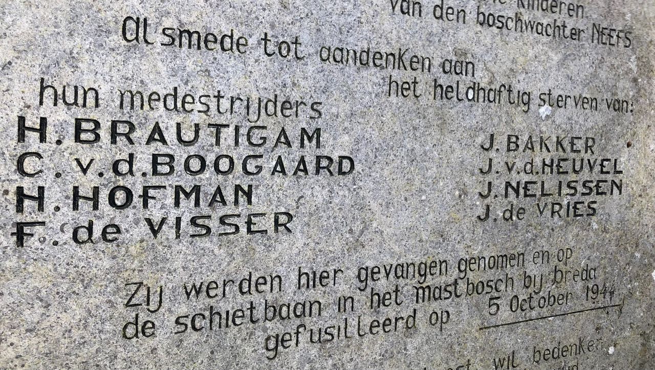 Namen van de acht verzetsmensen op het monument op de Vloeiweide (foto: Willem-Jan Joachems)