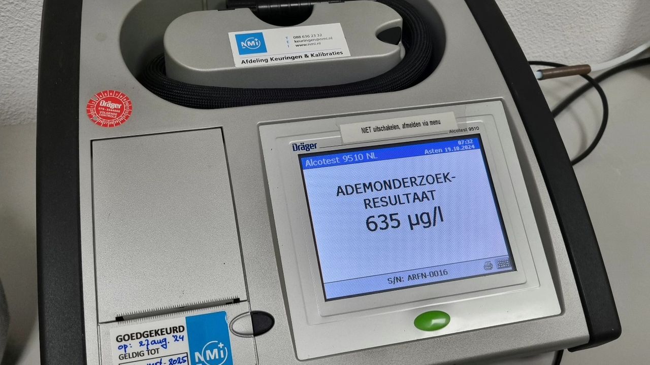 De man blies 635 ug/l, bij 570 ug/l wordt het rijbewijs ingenomen (foto: politie Helmond).