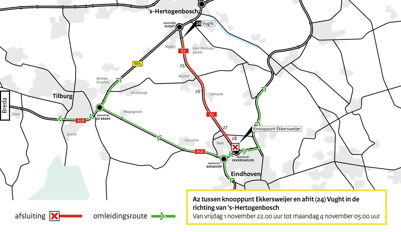 De verschillende omleidingen voor dit weekend (illustratie: Rijkswaterstaat).