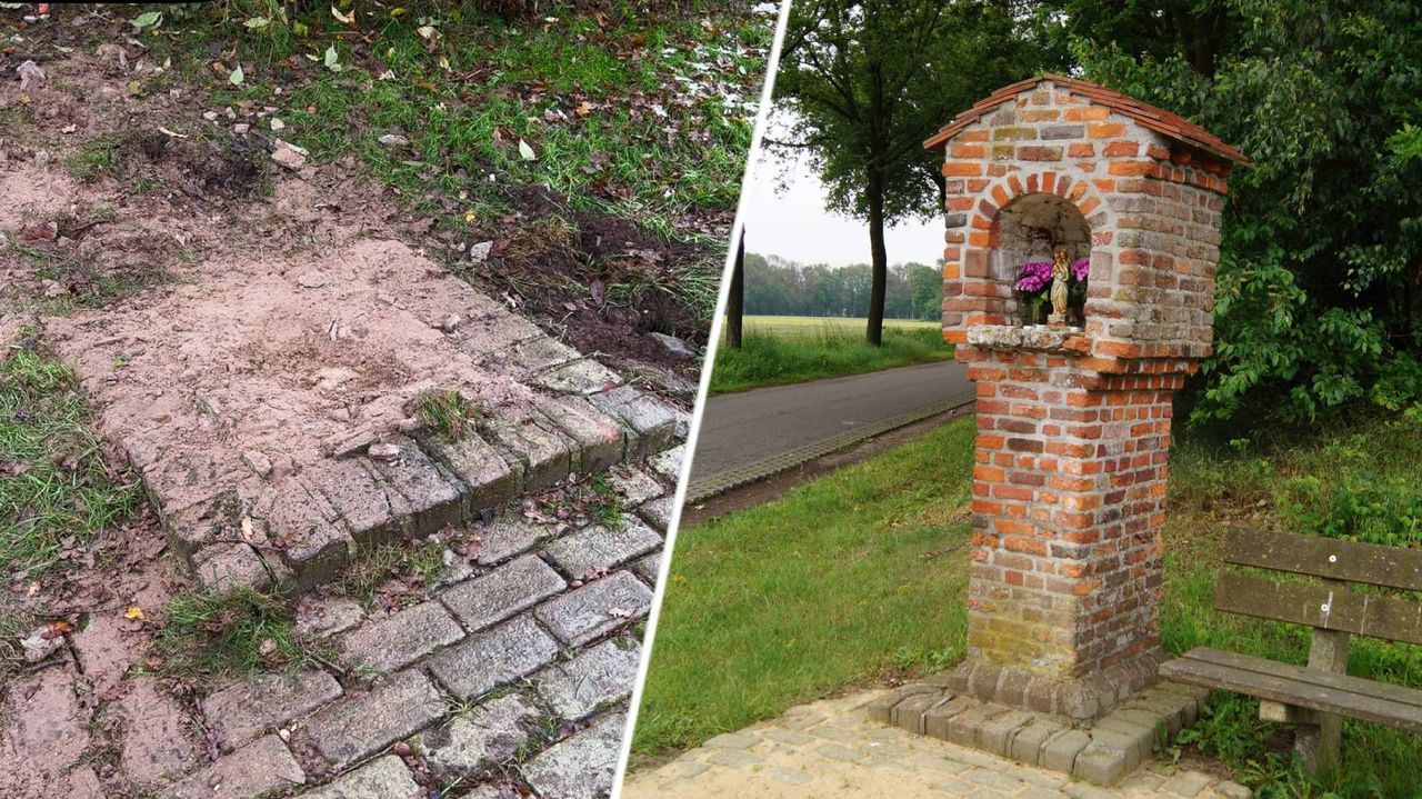 De sokkel in de grond is het enige dat nog rest (links), rechts het kapelletje in betere tijden (foto's: Jan Peels Omroep Brabant / Heemkundekring De Hooge Dorpen)