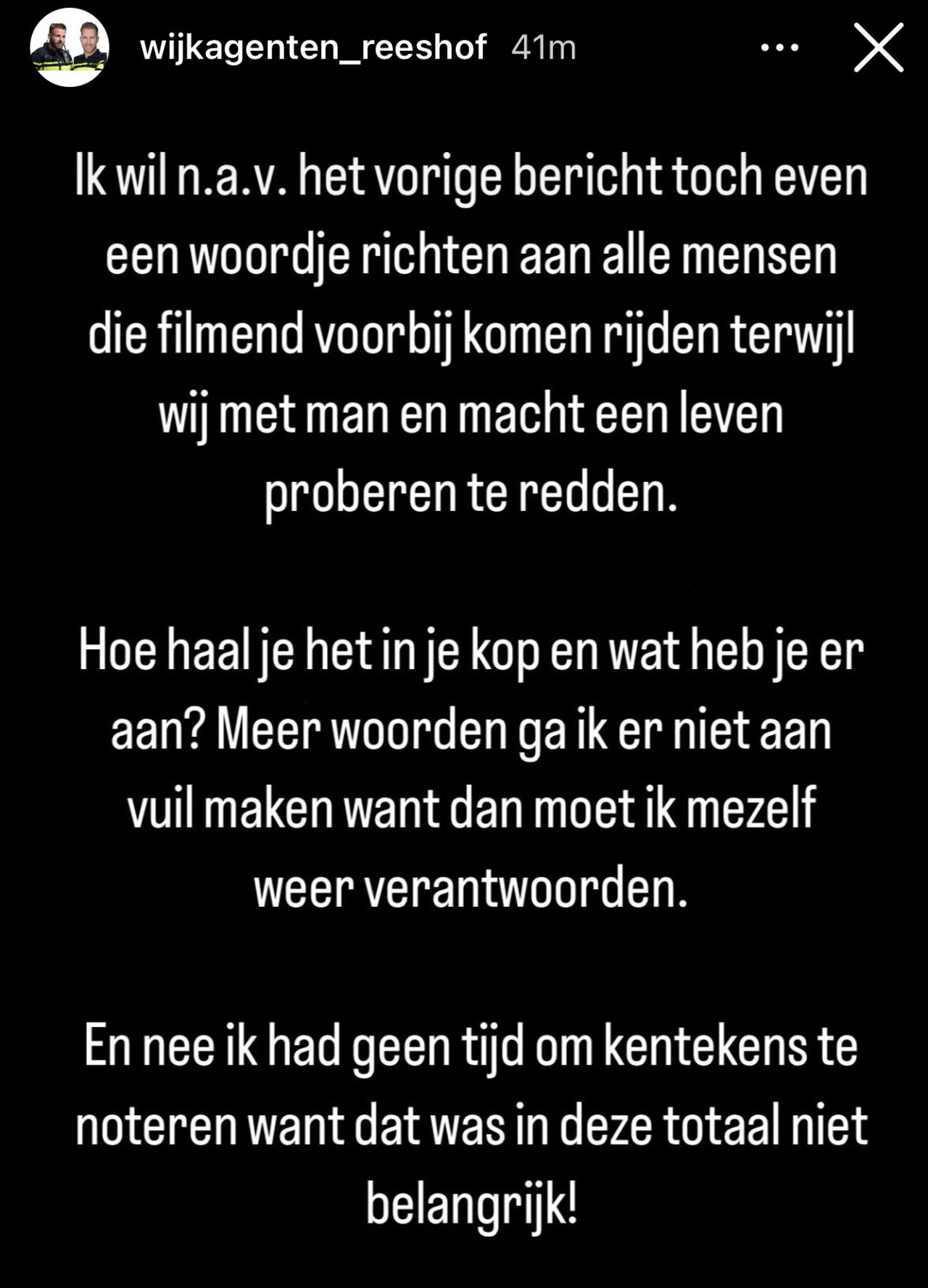 Het bericht van de wijkagent van de wijk Reeshof op Instagram.