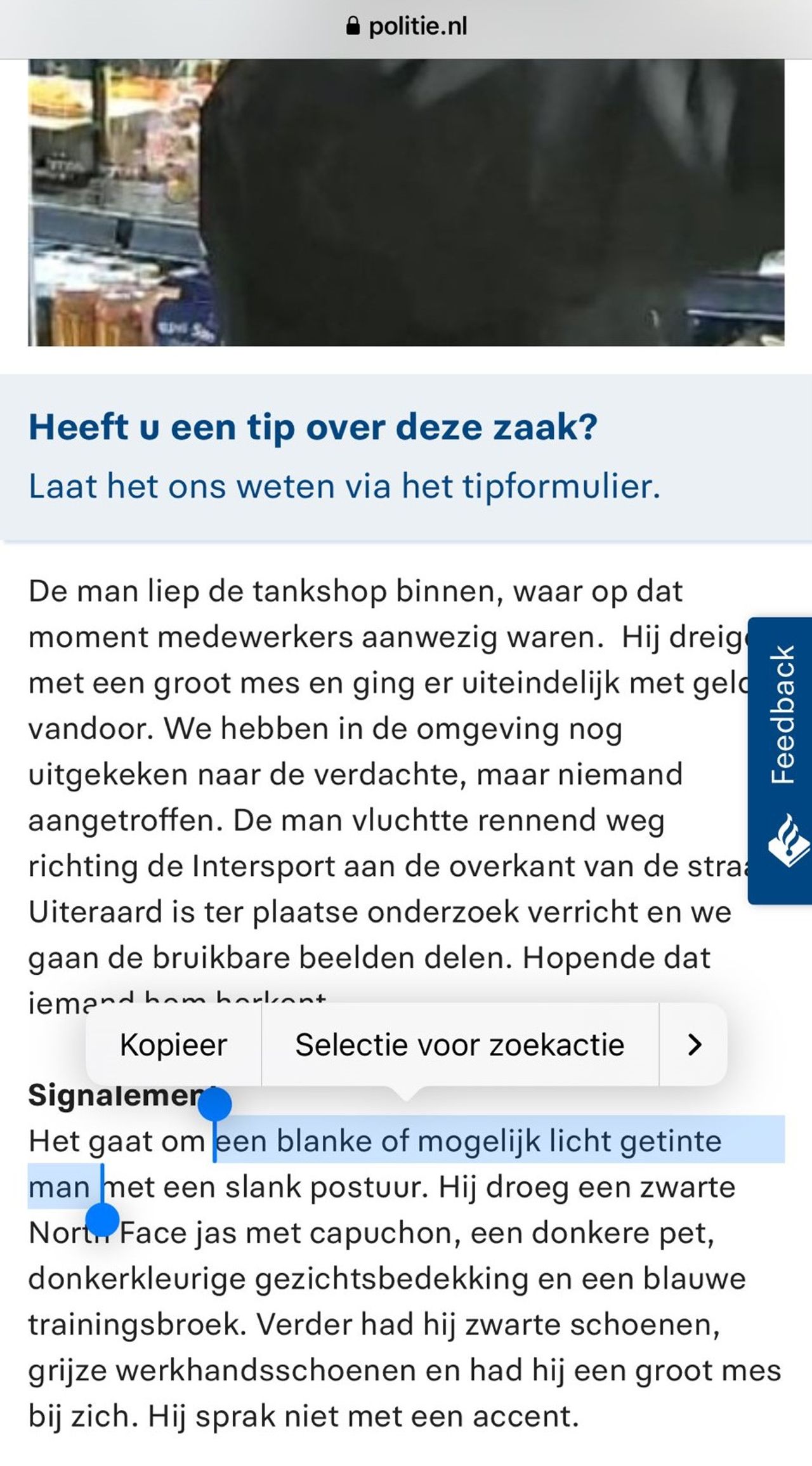Het signalement voordat het aangepast is (foto: Johannes de Witt op X). 