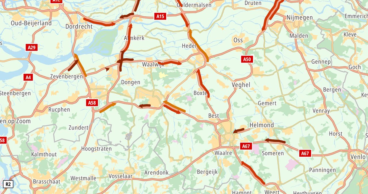 De situatie op de weg rond negen uur 's ochtends (foto: ANWB).