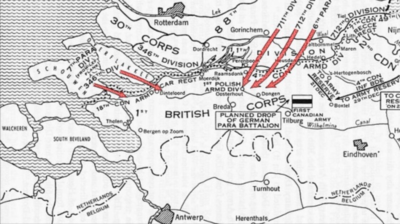 In rode pijlen de geplande Duitse tegenaanval in december 1944 (foto: archief)