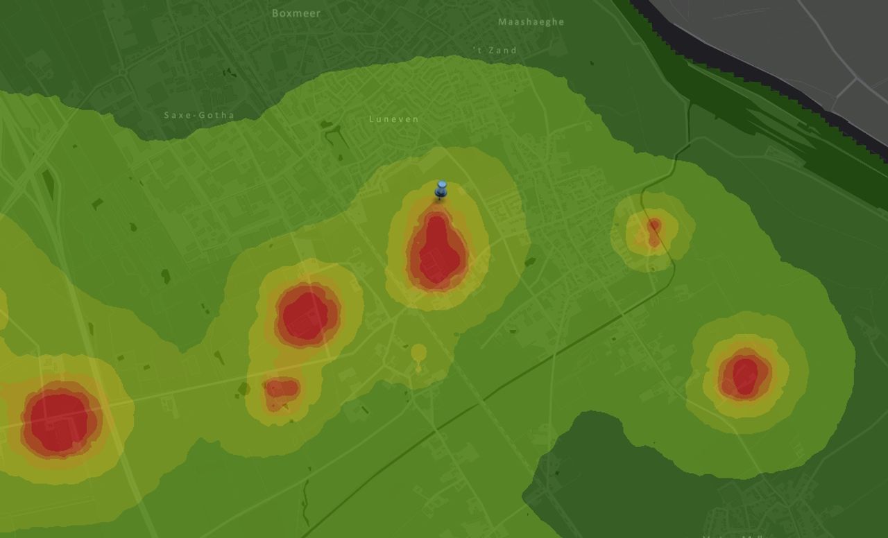 De stankcirkel in 2019 van de boer die nu uit wilt breiden tussen Boxmeer en Sambeek (Bron: Omgevingsdienst Zuid-Oost Brabant).
