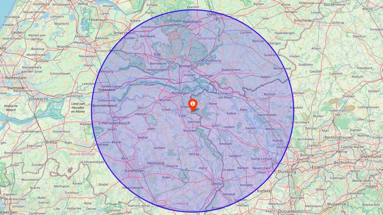 De straal van 60 kilometer vanaf de molen (Foto: Omroep Gelderland).