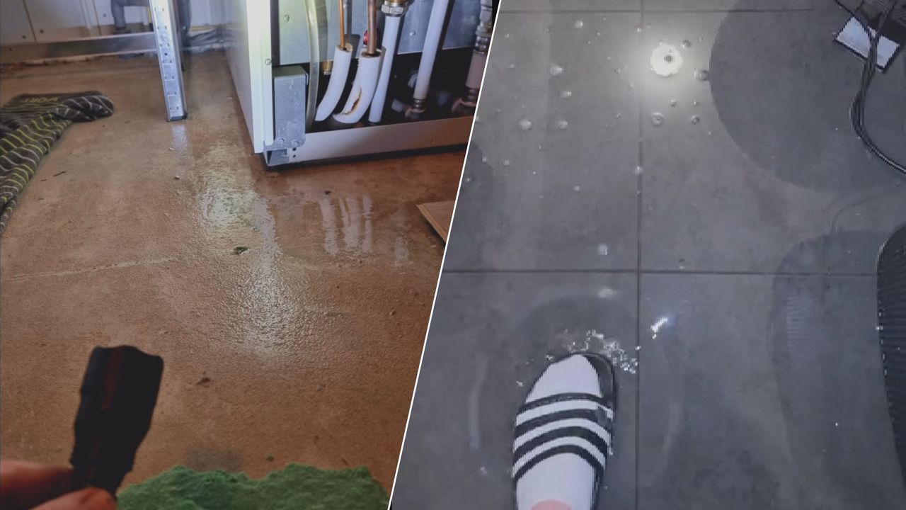 Bewoners klagen over water dat uit de warmtepompen loopt en zij staan door lekkages met de voeten in het water (beelden van bewoners).