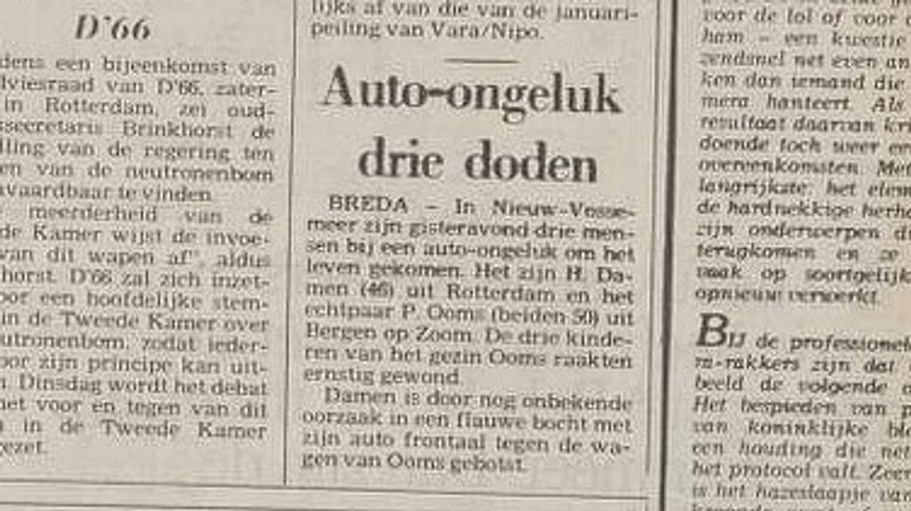 Een krantenartikel over het ongeluk in 1978.