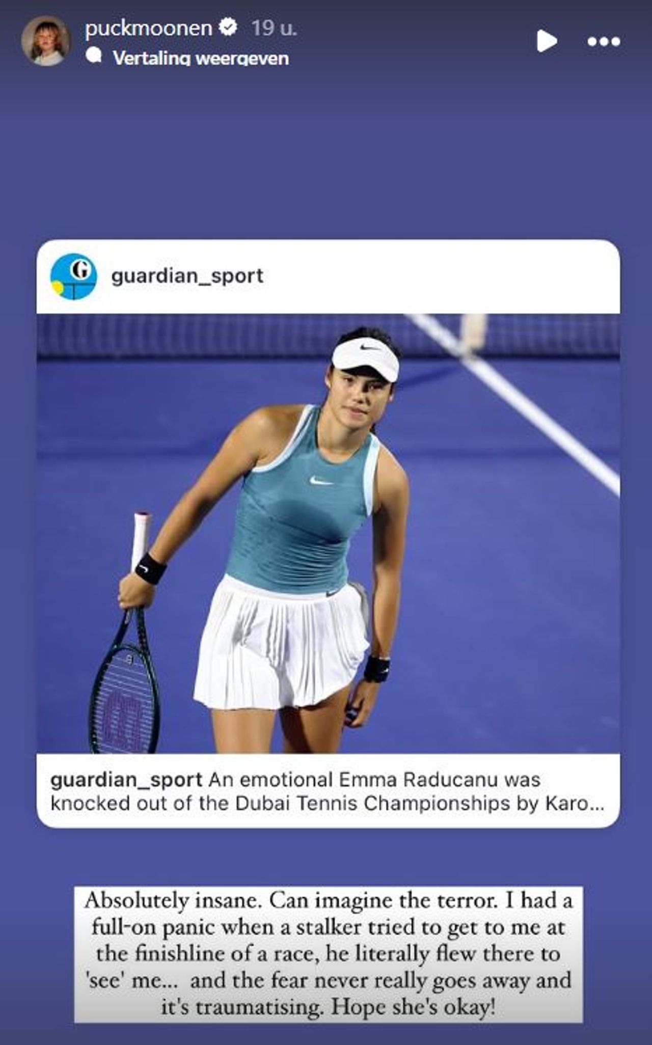 De Instagram-story van Puck Moonen.