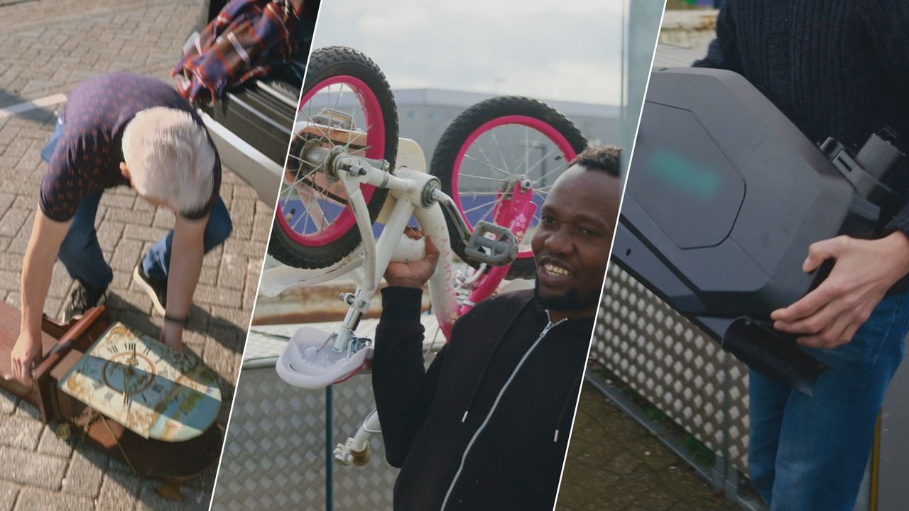 Een klok, een fiets en een crosstrainer worden allemaal in de container gegooid (beeld: Omroep Brabant).