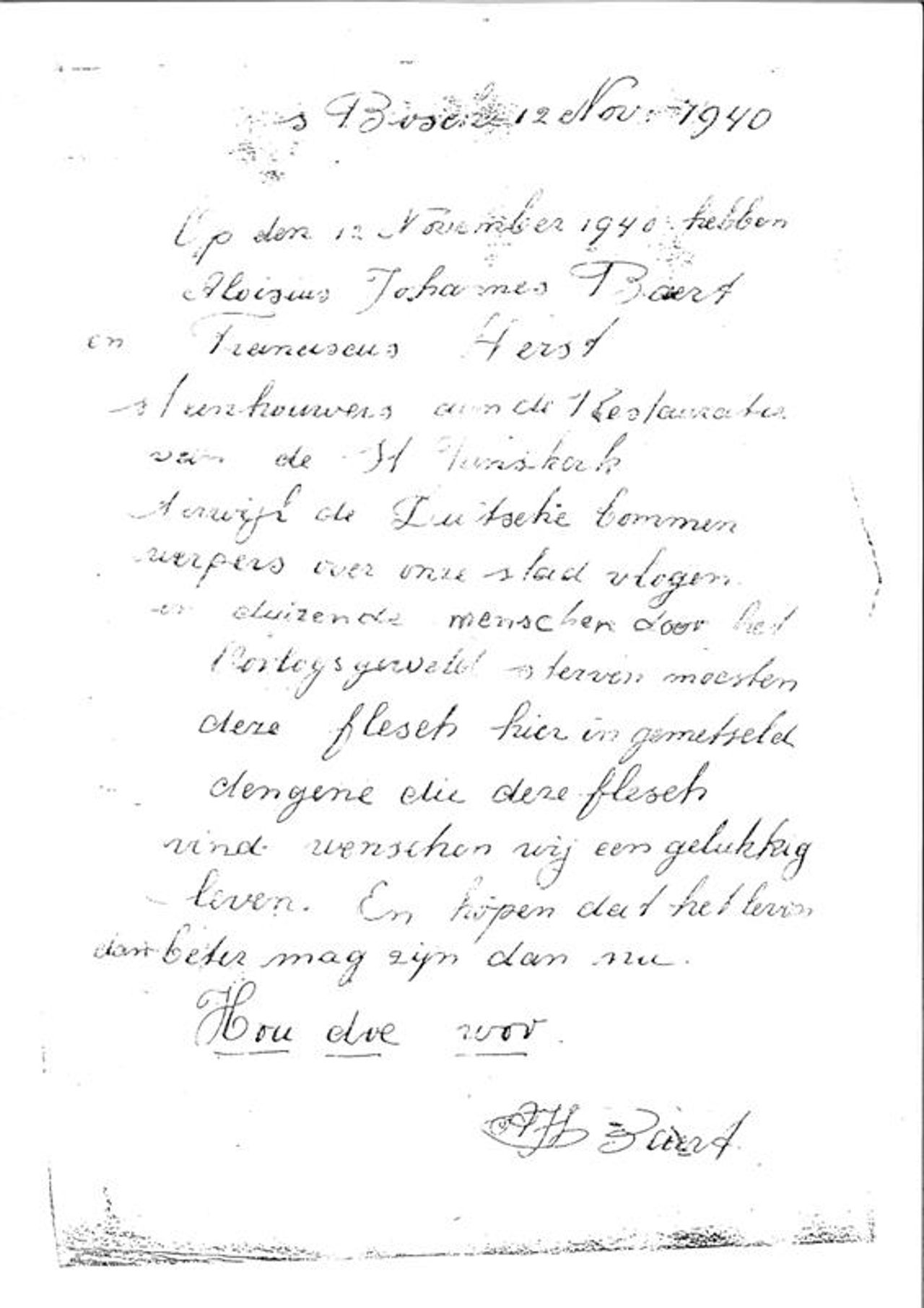 De brief die door steenhouwers in 1940 in een fles werd achtergelaten in de Sint Jan (foto: Parochie Heilige Johannes Evangelist) 