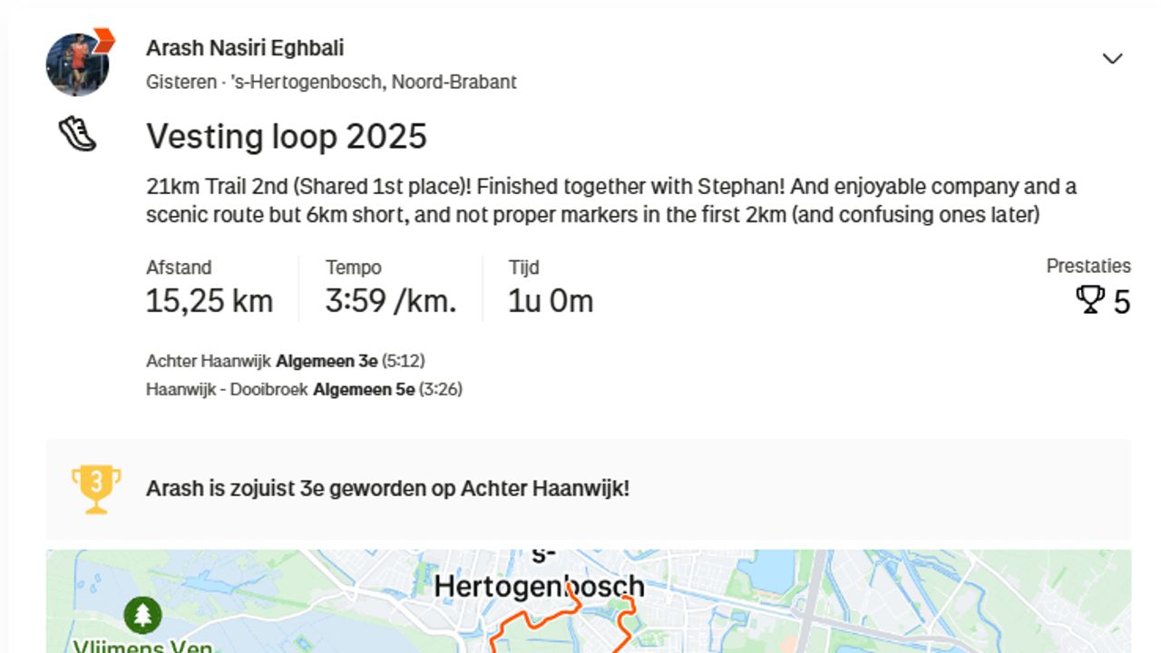 De nummer twee heeft geen 21 kilometer gelopen (foto: Strava).