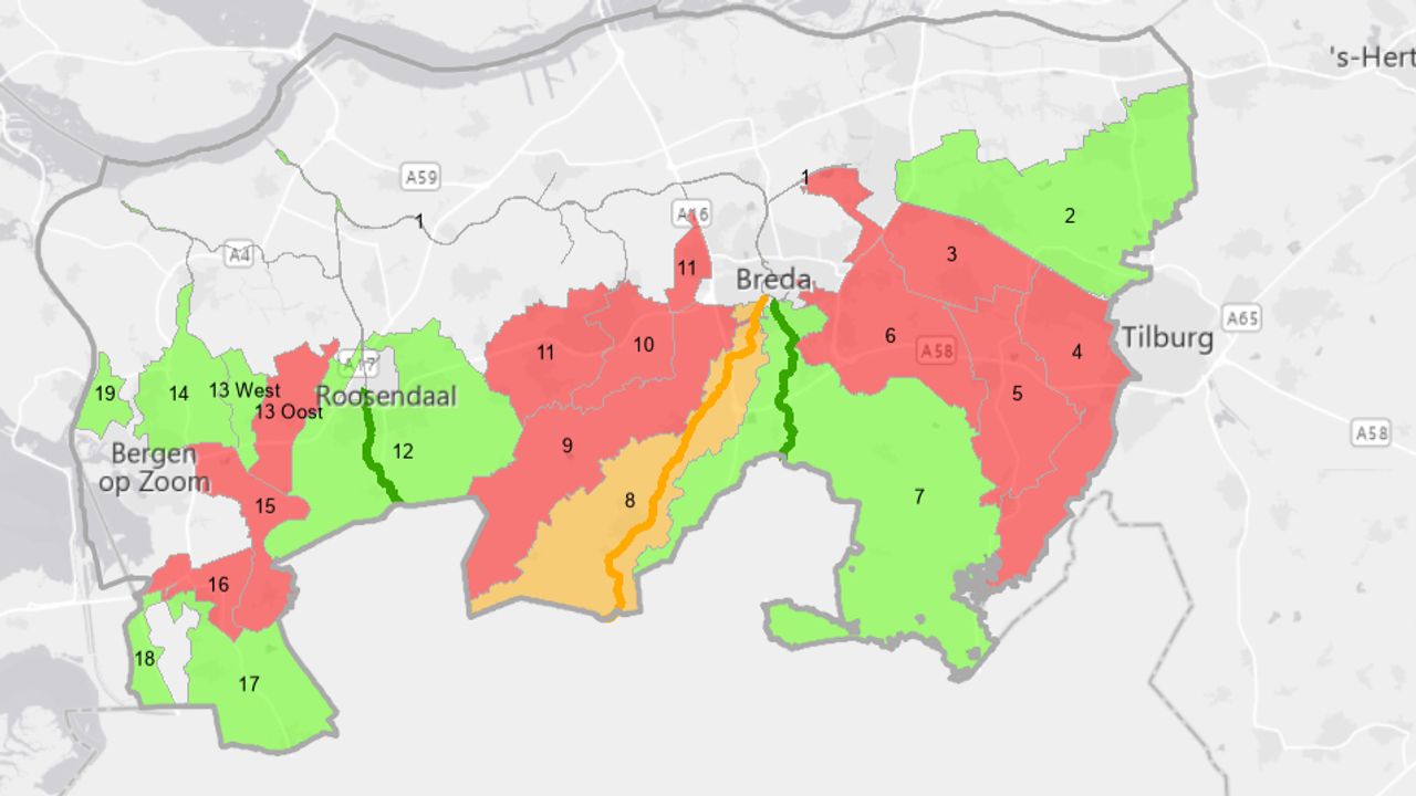 In de rode gebieden is het verboden om te beregenen met oppervlaktewater (foto: Brabantse Delta).