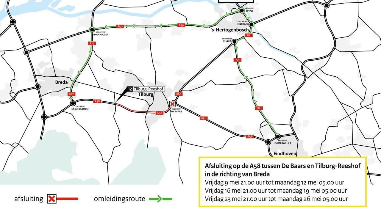 Omleiding voor de A58 (foto: Rijkwaterstaat).