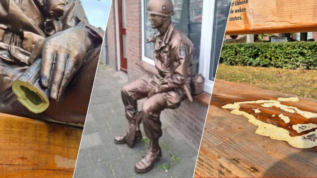 Het beeld werd afgezaagd, teruggevonden (midden) en is nu weer verdwenen (foto: Omroep Brabant/ Angela Vermeulen).