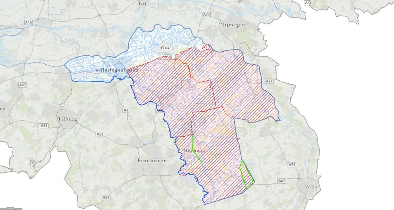 Het verbod is van toepassing op de roodgekleurde gebieden (kaartje: Waterschap Aa en Maas).