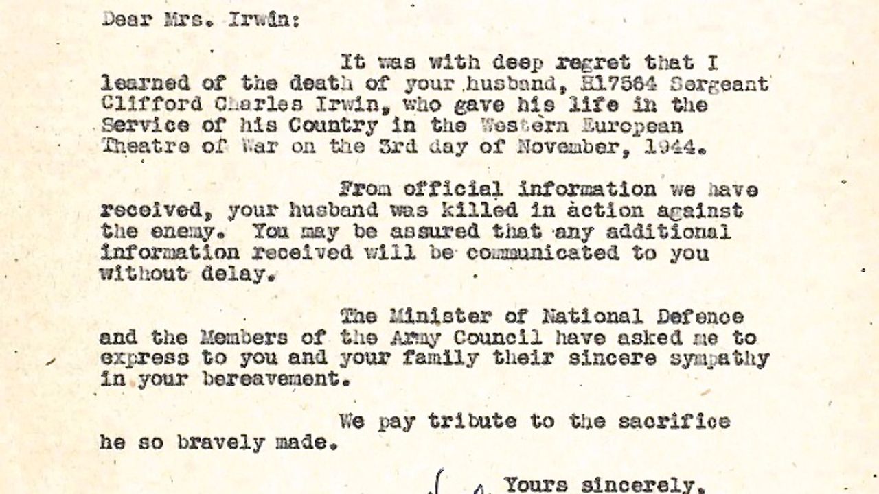De brief aan de weduwe van Clifford Irwin (bron: regering van Canada/Veteranenzaken) .