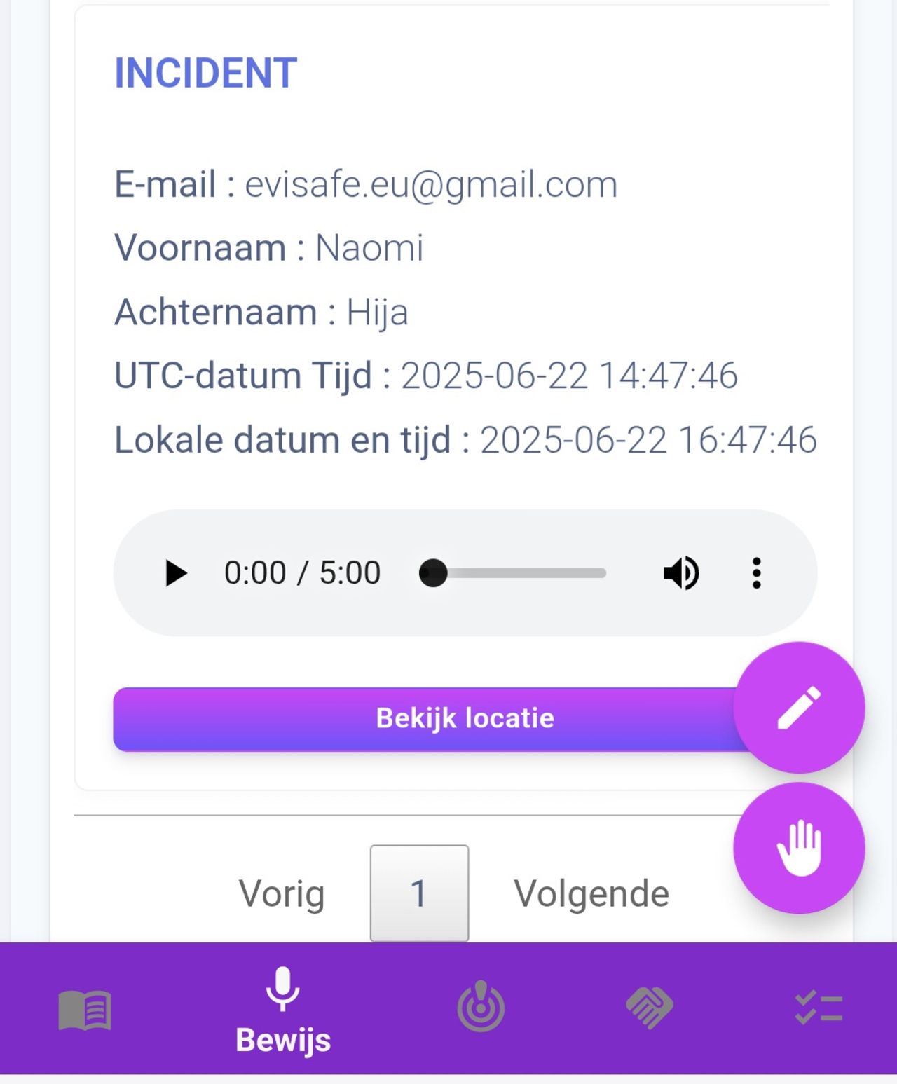 Een screenshot uit de app: het opnemen van bewijs.