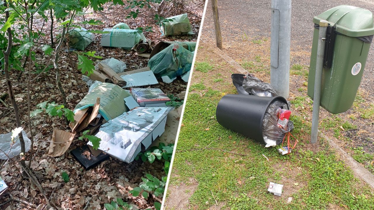 De dumping in Oploo (links). In Heesch werd een prullenbak vol afval achtergelaten (foto's: Omgevingsdienst Brabant Noord).