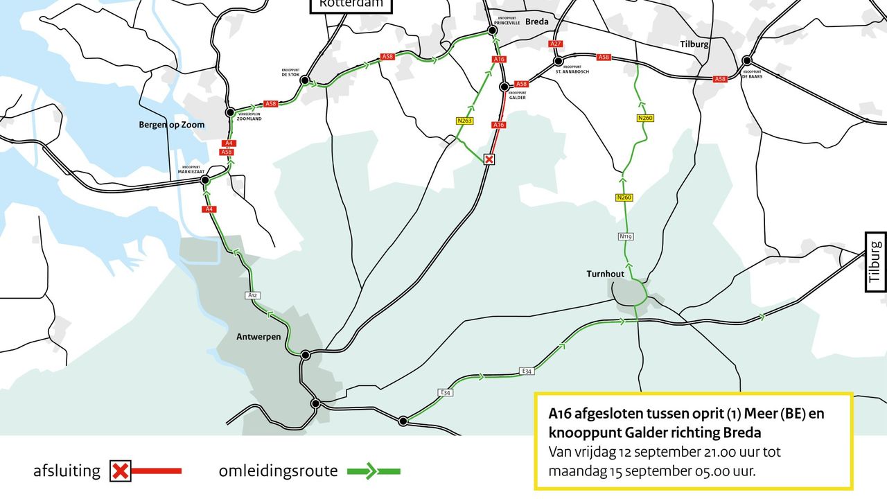 De afsluiting op de A16 van de Belgische grens tot knooppunt Galder (foto: Rijkswaterstaat).
