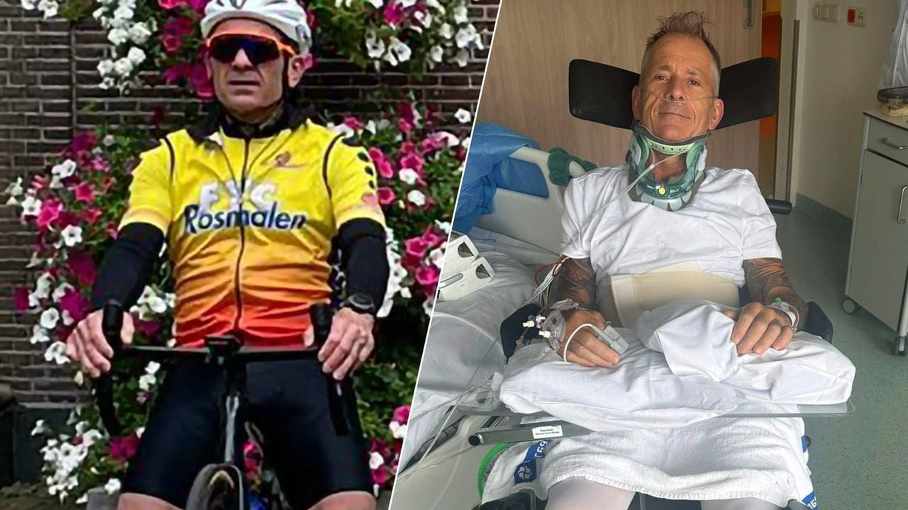 Links: Mark op de wielrenfiets. Rechts: Mark na het ongeluk (foto: Mark Fooij/Jarka van Dijk).