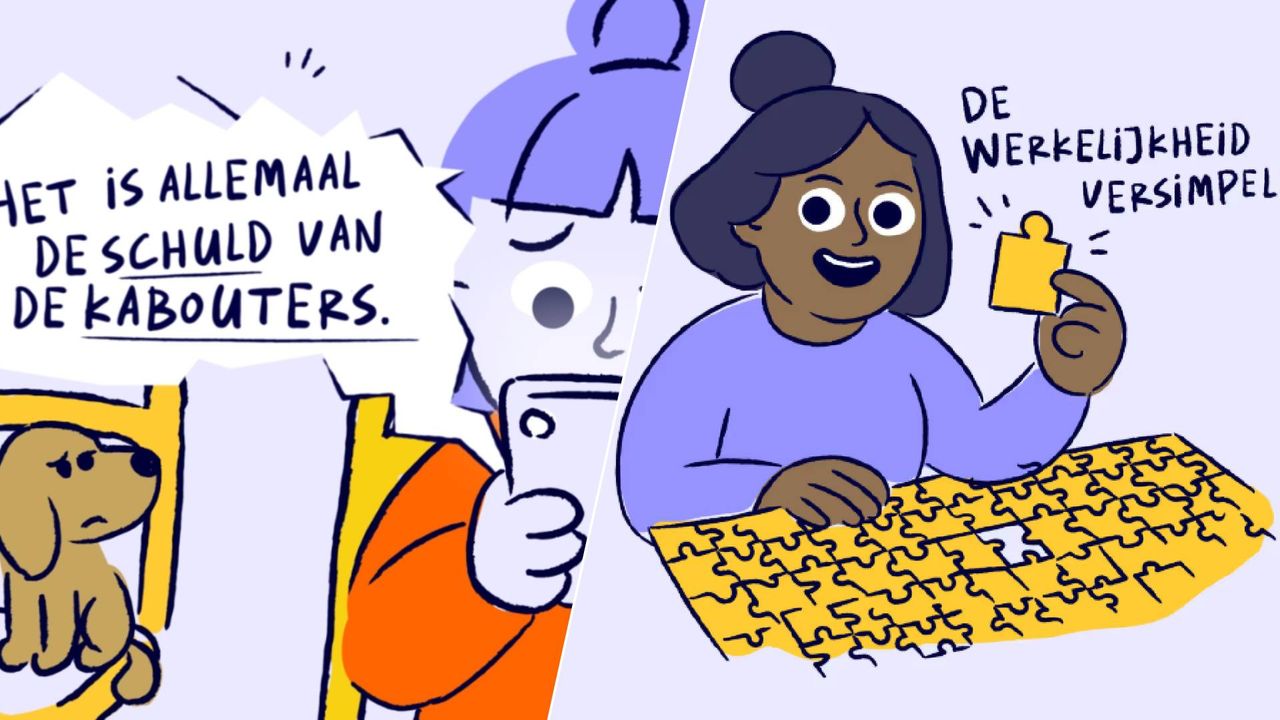 Links: een voorbeeld van de politieke trucs uit een tv-spotje Rechts: een van de populistische trucs (Foto: Voor Ons Nederland.)