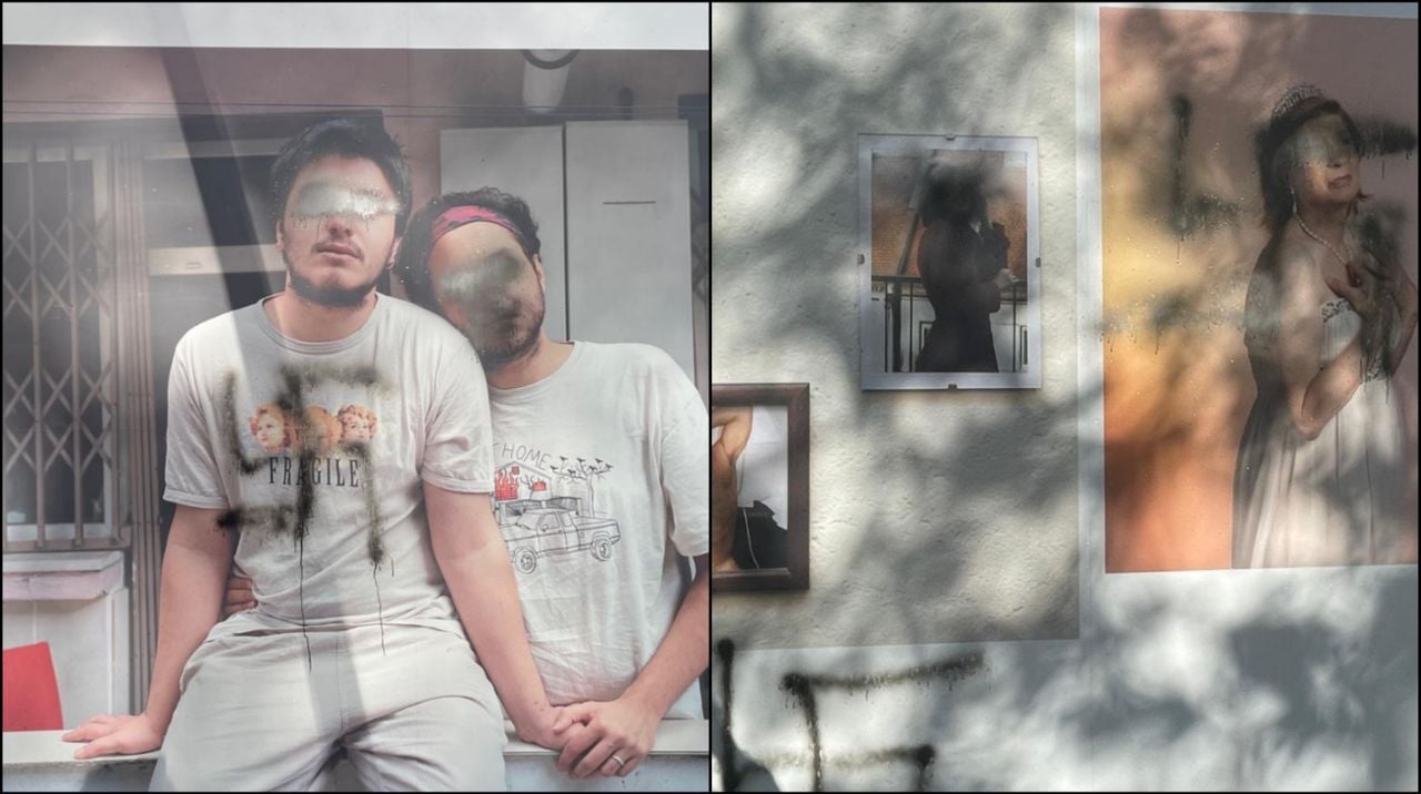 Hakenkruizen en gezichten zwart gespoten (Foto: Femke van Eijsden).