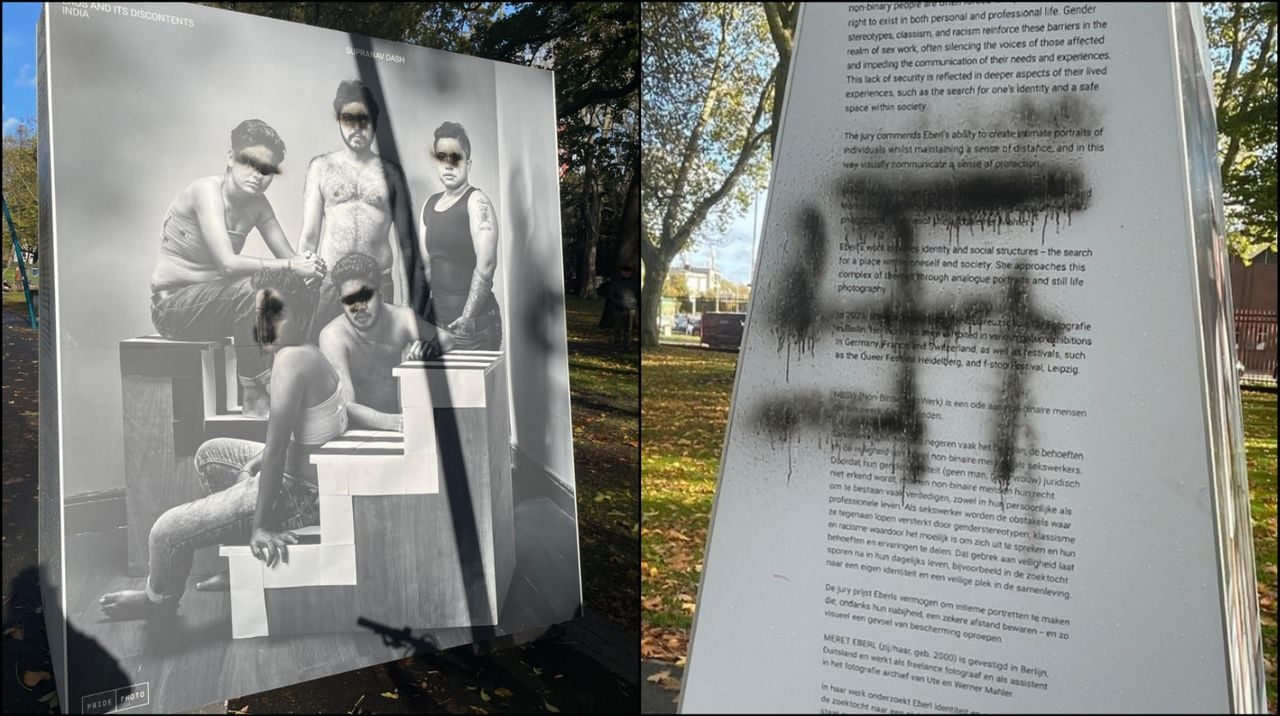 Hakenkruizen en gezichten zwart gespoten (foto: Femke van Eijsden).