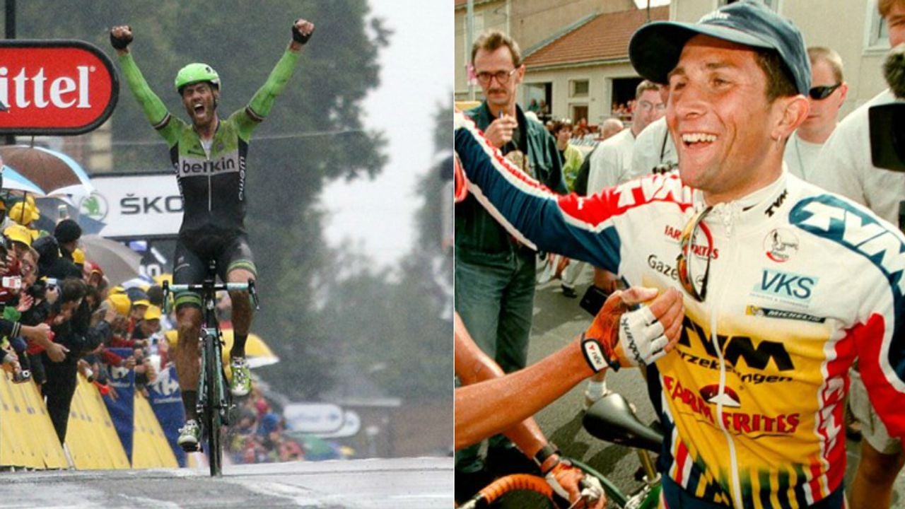 Lars Boom en Jeroen Blijlevens waren tot 2021 de laatste Brabantse winnaars van een Tour-etappe (foto's: ANP).
