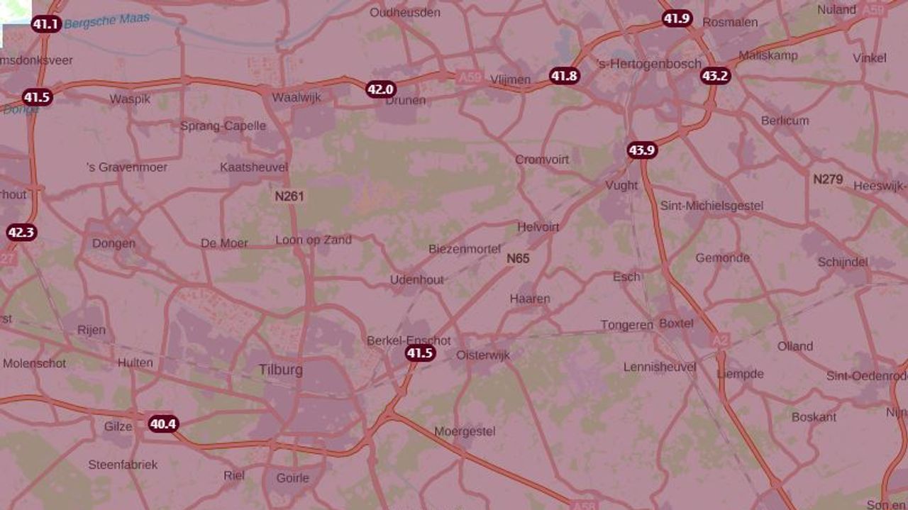 Ook rond Tilburg en Den Bosch is het asfalt zinderend heet. (Bron: Rijkswaterstaat)