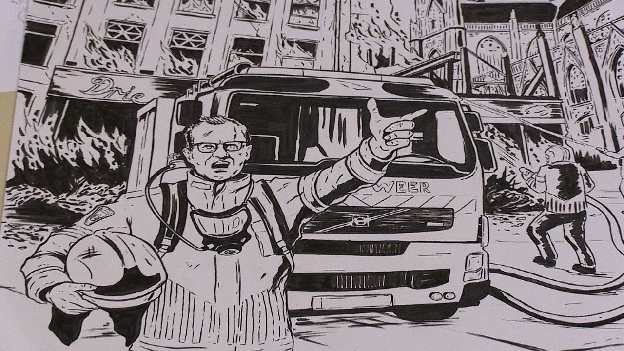 Het portret dat Sjoerd van brandweerman Arjan maakte.