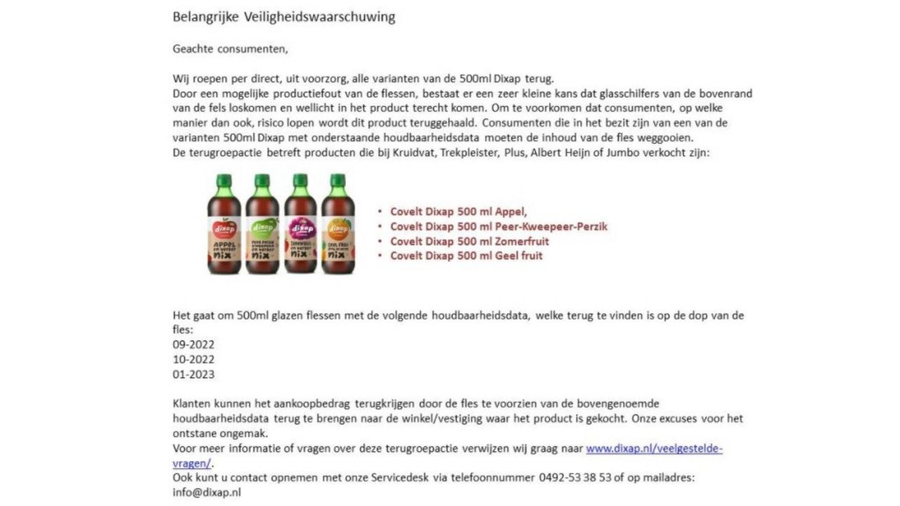 Waarschuwing op de site van Covelt Dixap