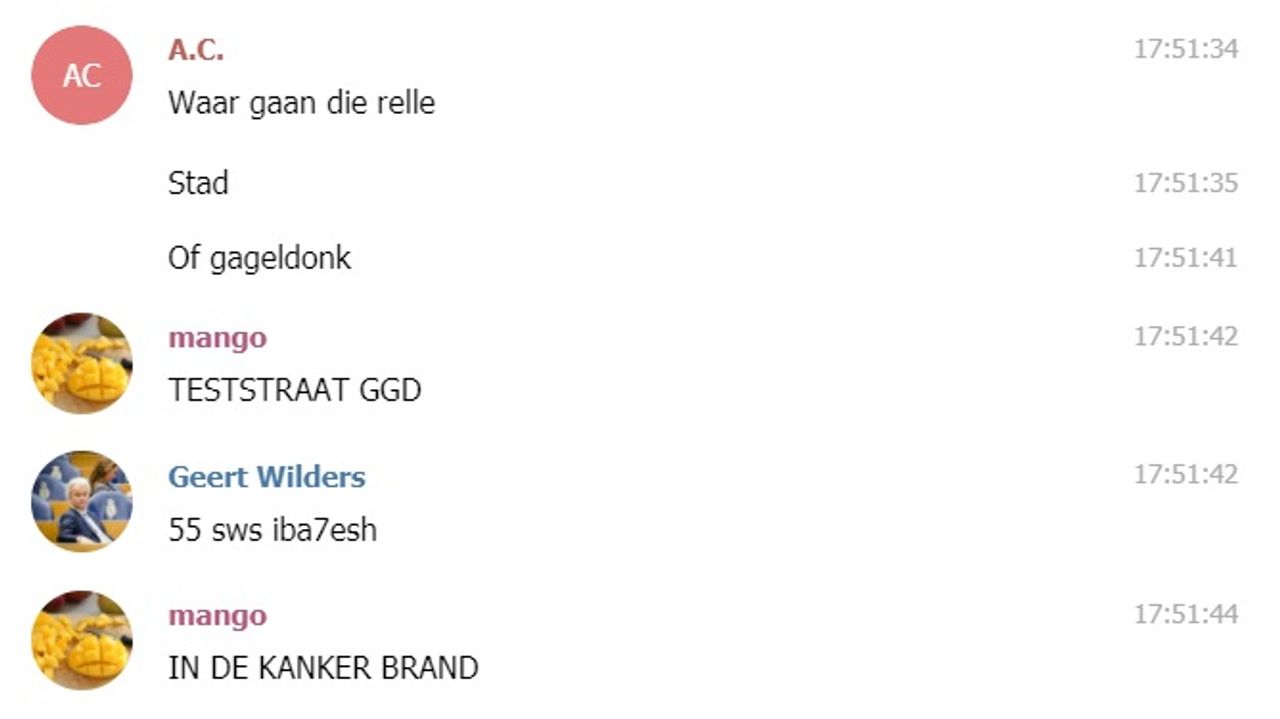 Screenshot uit een Telegram-groep in Bergen op Zoom, waarin wordt opgeroepen tot het plegen van geweld.