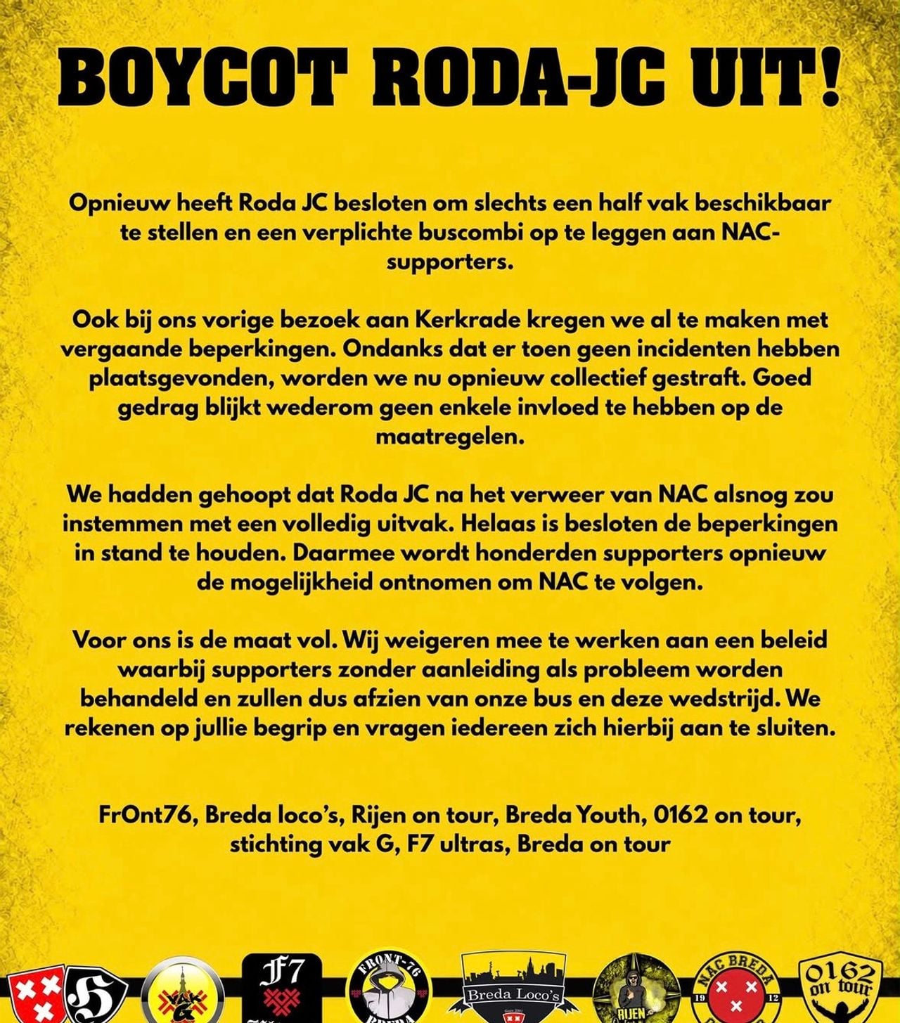 Oproep op social media van NAC-groeperingen (foto: Instagram).