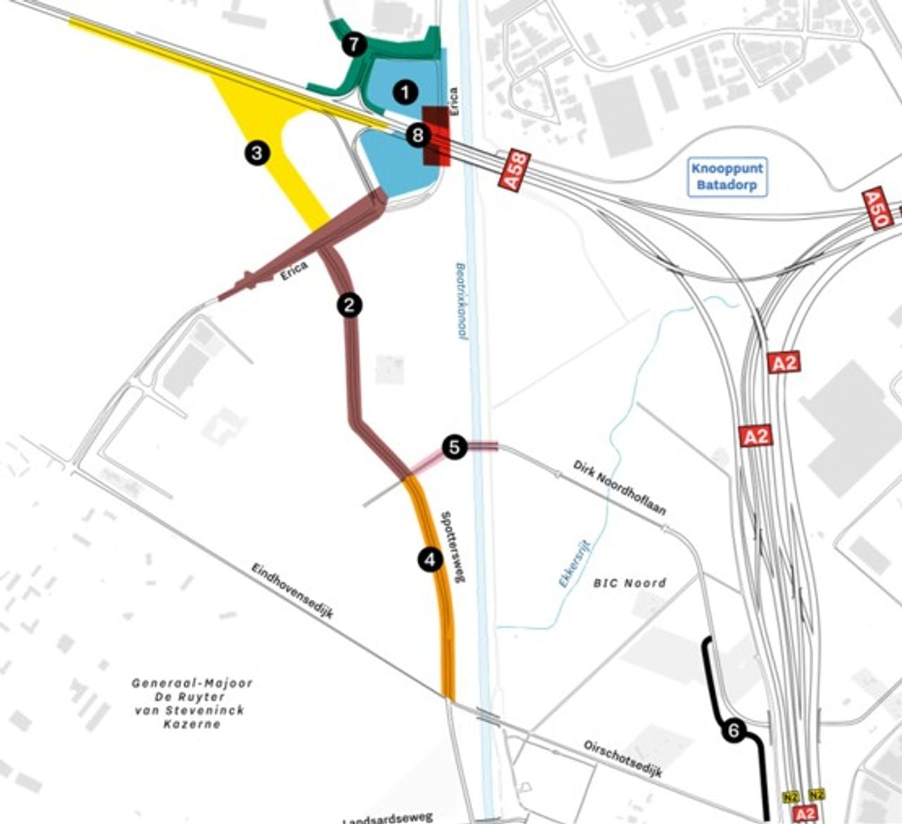 De werkzaamheden bij knooppunt Batadorp met in het blauw het inrichten van het werkterrein voor de onderdoorgang (afbeelding: gemeente Eindhoven).