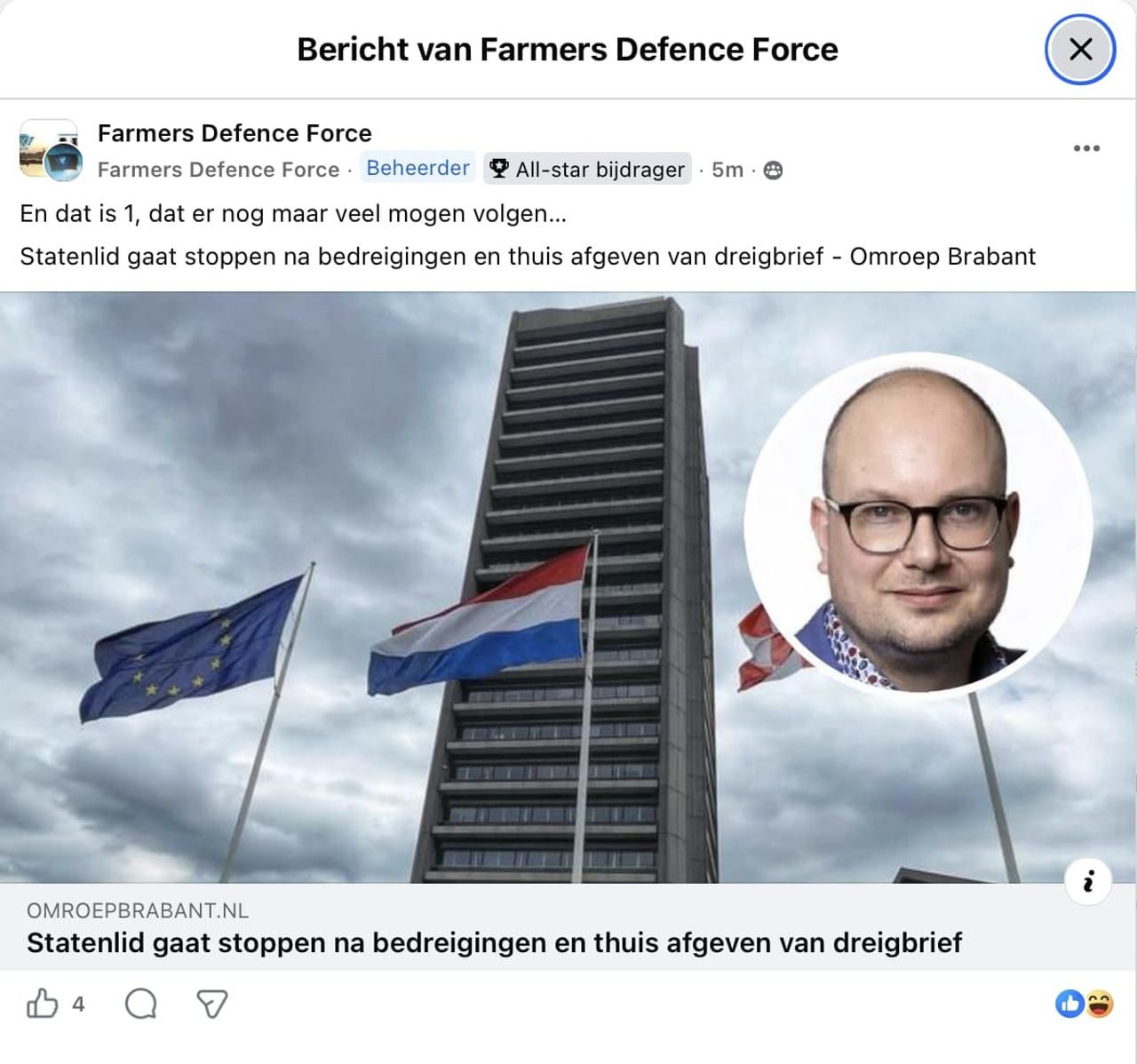 Het Facebookbericht van FDF. (Screenshot van: Facebook)
