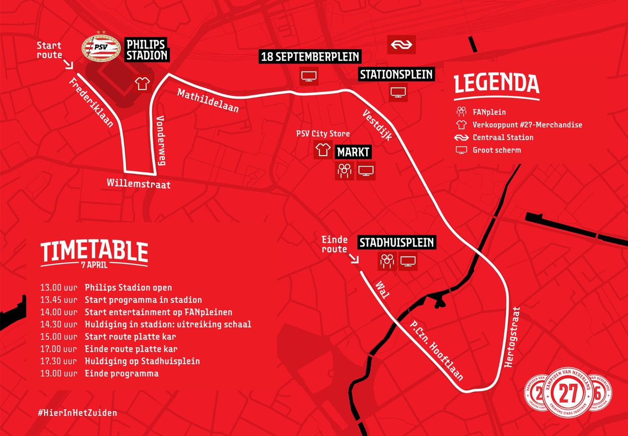 Dit is de route van de platte kar tijdens de huldiging van PSV. Bron: PSV.nl