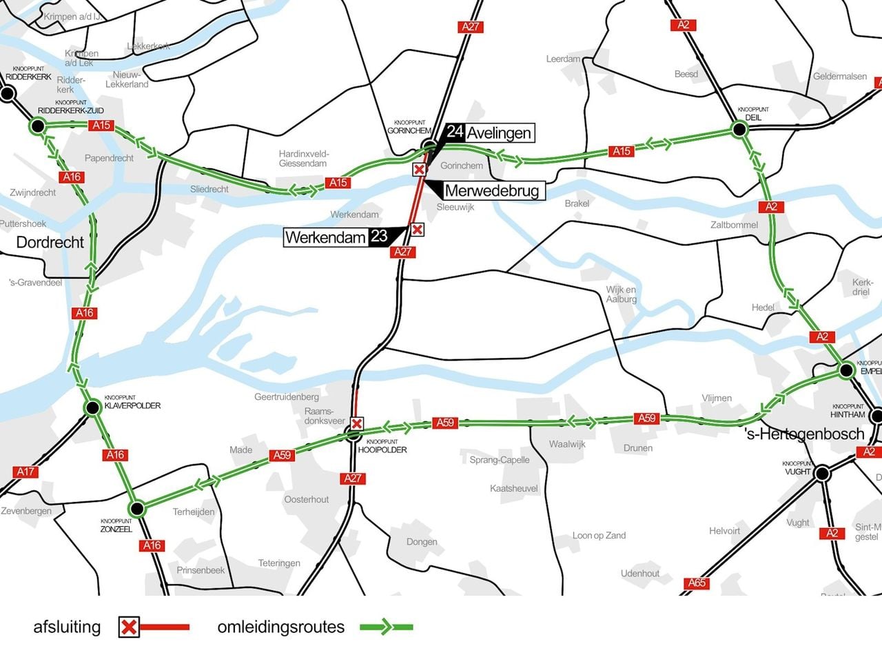 Omleidingskaart bij de afsluiting van de Merwedebrug van 24 tot 28 september 2026 (kaart: Rijkswaterstaat).