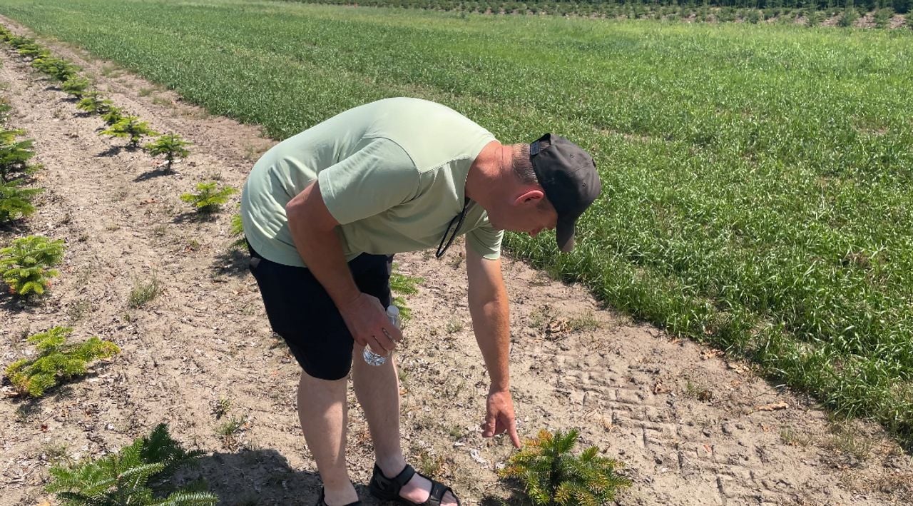 Uwe uit Beieren wijst naar een verbrandde tak (foto: René van Hoof)