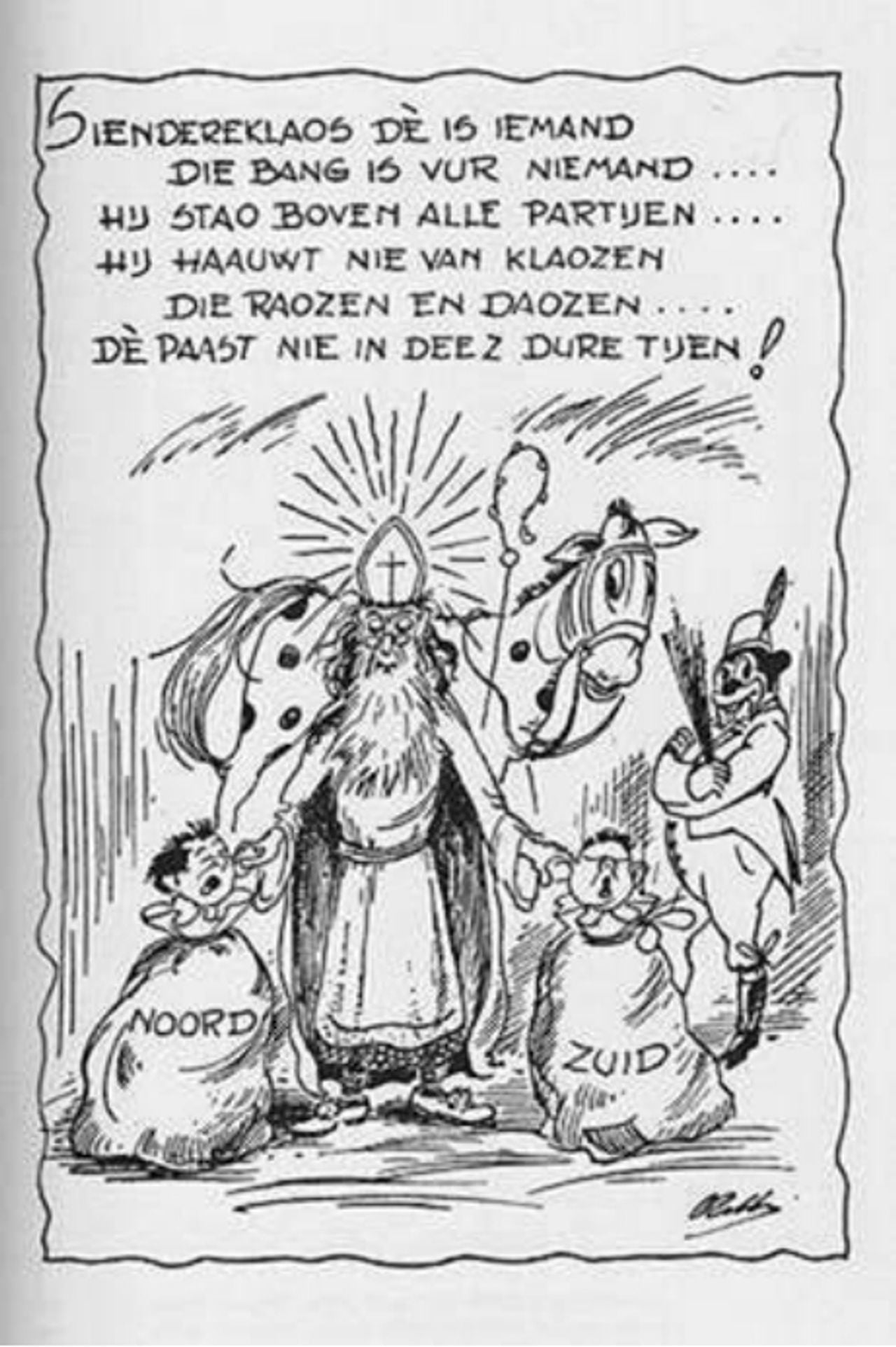 Spotprent over de Sinterklaasruzie tussen Noord en Zuid Tilburg  (bron: Stichting Centraal Sint Nicolaas Comite Tilburg)