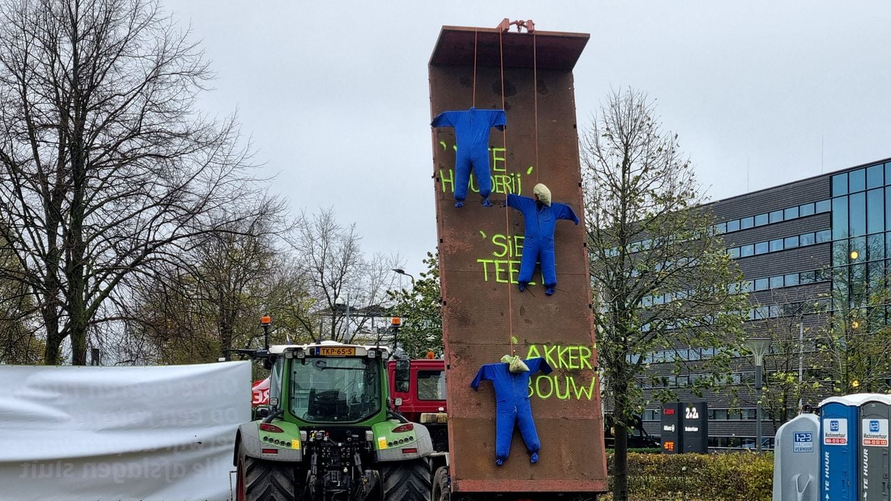 Farmers Defence Force kwam naar Den Bosch met trekkers, vrachtwagens en een kar met 'hangende' boerenpoppen (foto: Rick Lemmens).