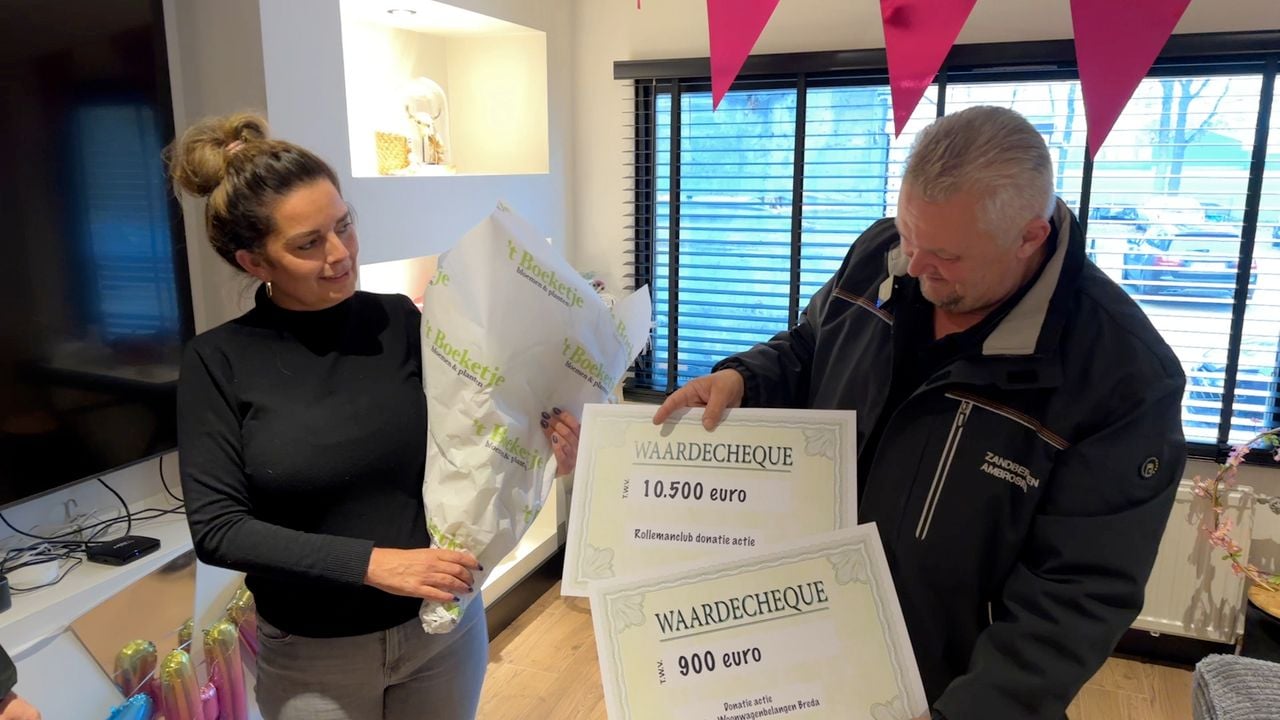 Woonwagenbewoners Marie en Gradus Pruijmboom krijgen twee cheques aangeboden (foto: Ronald Sträter).