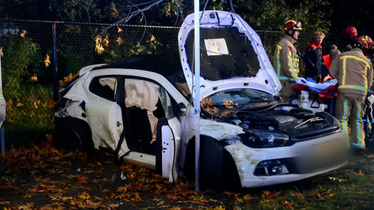 De auto raakte de bomen met beide zijkanten. 