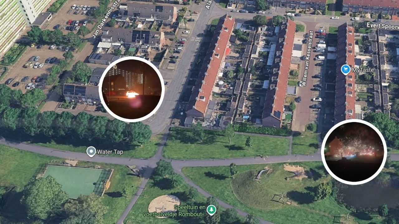 Inzet rechts: de agenten wordt voor het eerst bekogeld terwijl ze door de speeltuin rijden. Inzet links: Op de hoek van de Allard Duhamelstraat wordt er een molotovcocktail naar de wagen gegooit (Foto: Google Maps / Snapchat.)
