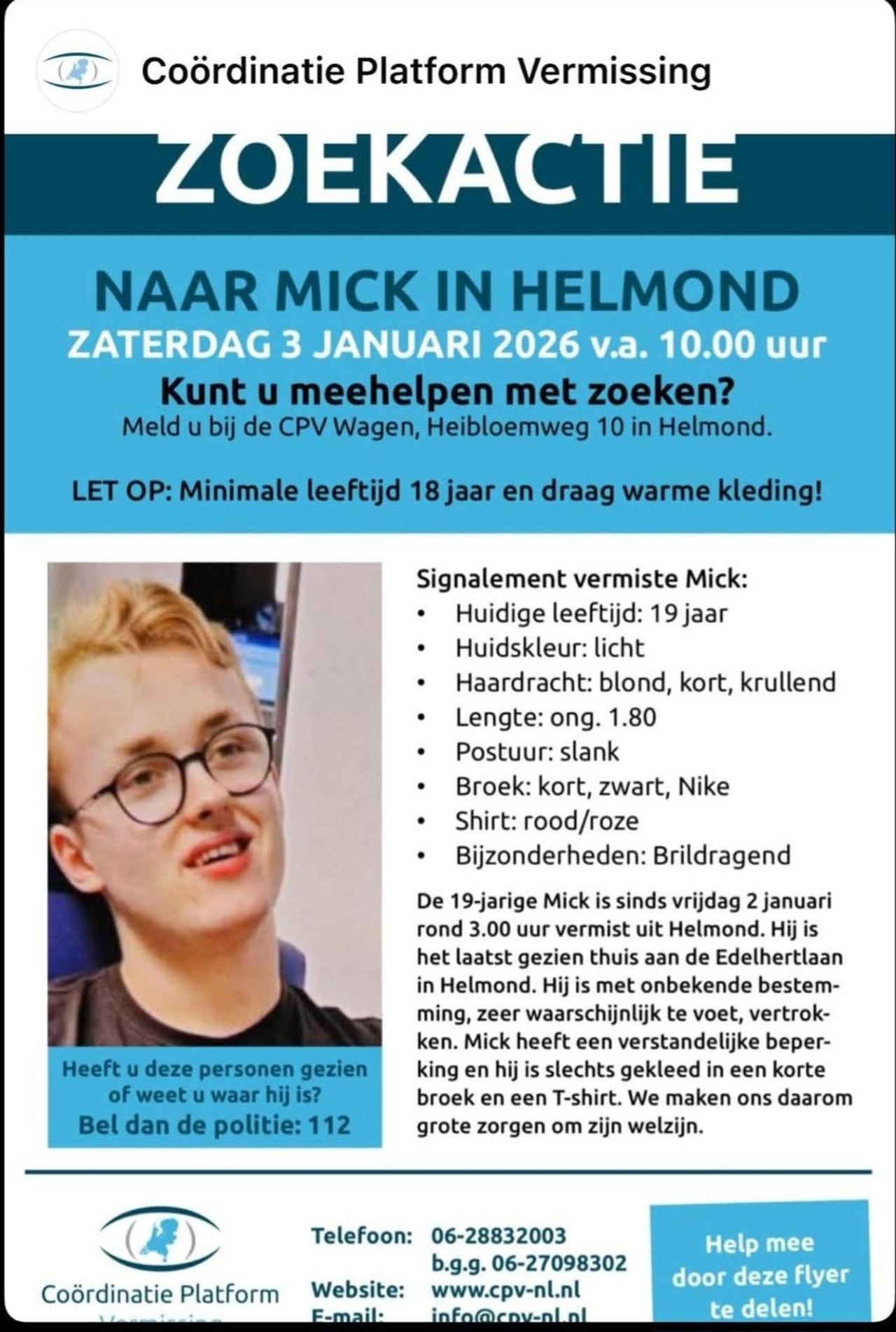 Voor zaterdag is een grote zoekactie aangekondigd (beeld: Coördinatie Platform Vermissing).