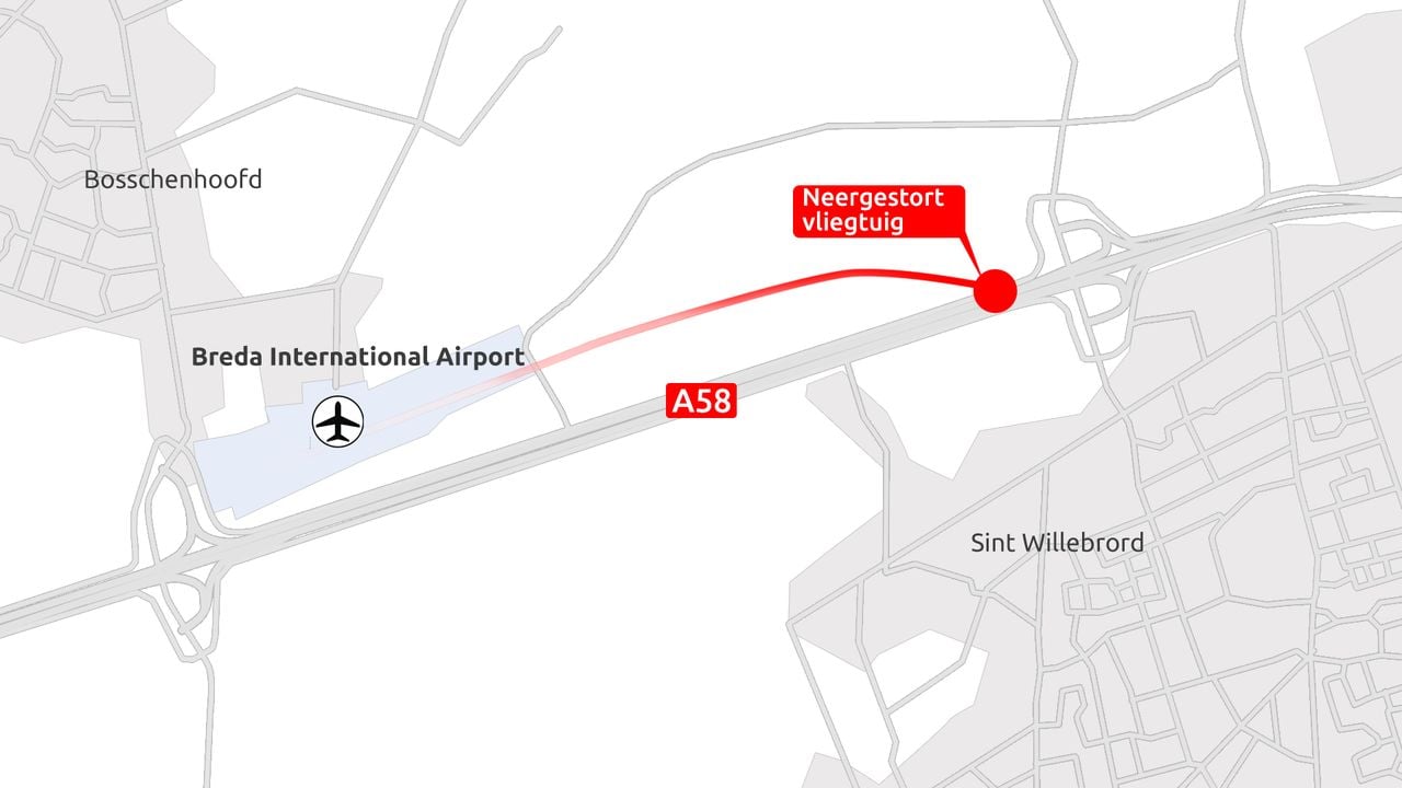 Het vliegtuig stortte neer op de snelweg A58 (Beeld: Omroep Brabant).