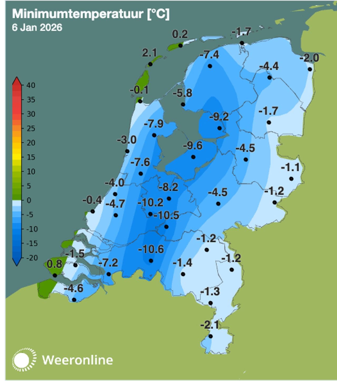In Gilze-Rijen daalde de temperatuur tot -10,6 graden.