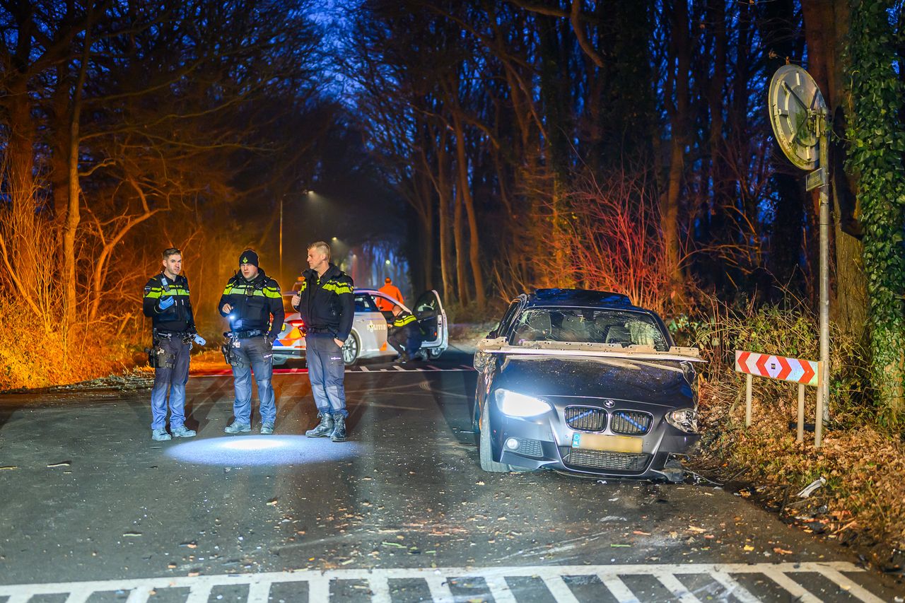 Auto botst tegen boom in Breda (foto: Tom van der Put/Persbureau Heitink).