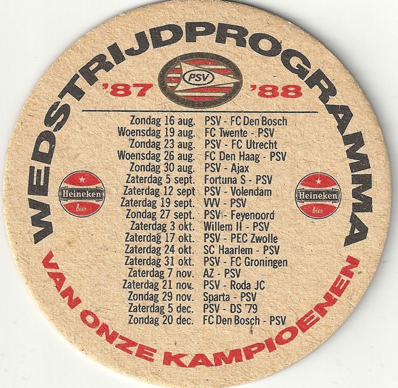 Bierviltje met wedstrijdprogramma van PSV uit 1987-88 met Heineken als biersponsor (foto: Frits Bovers)